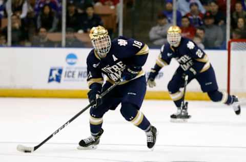 MANCHESTER, NH – MARCH 26: Notre Dame Fighting Irish center Jake Evans (18) looks to his winger during the NCAA Northeast Regional final between the UMass Lowell River Hawks and the Notre Dame Fighting Irish on March 26, 2017, at SNHU Arena in Manchester, New Hampshire. The Fighting Irish defeated the River Hawks 3-2 (OT). (Photo by Fred Kfoury III/Icon Sportswire via Getty Images)