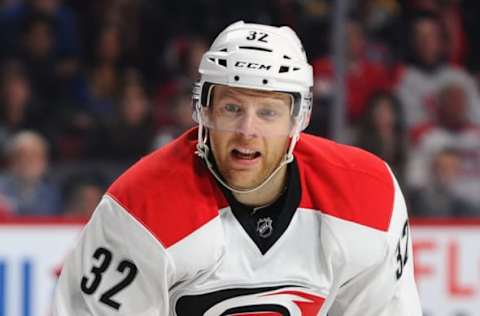 MONTREAL, QC – FEBRUARY 07: Kris Versteeg #32 of the Carolina Hurricanes plays in the game against the Montreal Canadiens at Bell Centre on February 7, 2016 in Montreal, Quebec, Canada. (Photo by Steve Babineau/NHLI via Getty Images)