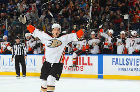 BUFFALO, NY – FEBRUARY 6: Brandon Montour #26 of the Anaheim Ducks celebrates the overtime game-winning goal by Adam Henrique (not shown) during an NHL game against the Buffalo Sabres on February 6, 2018. (Photo by Bill Wippert/NHLI via Getty Images)