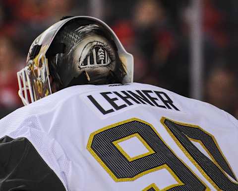 Robin Lehner of the Vegas Golden Knights in action against the Calgary Flames during an NHL game at Scotiabank Saddledome on March 8, 2020.