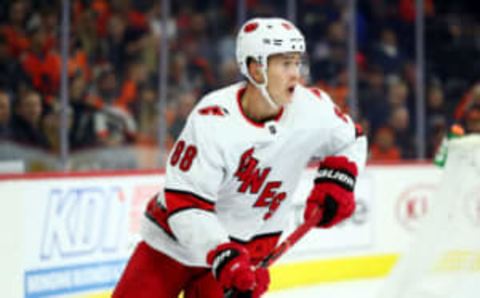 PHILADELPHIA, PA – NOVEMBER 05: Carolina Hurricanes Right Wing Martin Necas (88) skates through the defensive zone in the second period during the game between the Carolina Hurricanes and Philadelphia Flyers on November 05, 2019 at Wells Fargo Center in Philadelphia, PA. (Photo by Kyle Ross/Icon Sportswire via Getty Images)