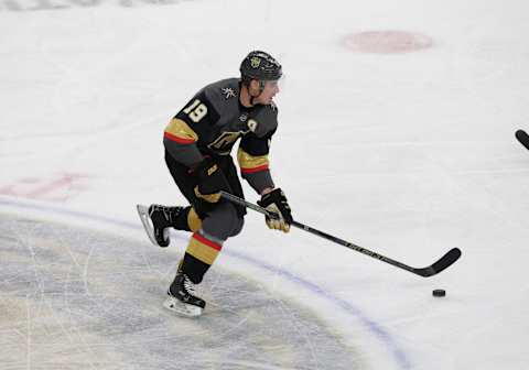 LAS VEGAS, NV – OCTOBER 02: Vegas Golden Knights right wing Reilly Smith (19) skates with the puck during a regular season game against the San Jose Sharks Wednesday, Oct. 2, 2019, at T-Mobile Arena in Las Vegas, Nevada. (Photo by: Marc Sanchez/Icon Sportswire via Getty Images)