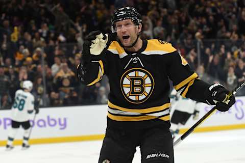 BOSTON, MA – OCTOBER 29: David Backes #42 of the Boston Bruins celebrates a goal against the San Jose Sharks at the TD Garden on October 29, 2019 in Boston, Massachusetts. (Photo by Steve Babineau/NHLI via Getty Images)