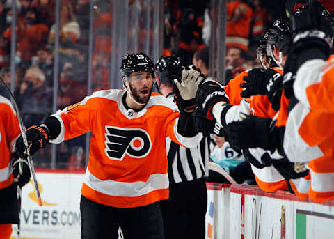 Derick Brassard celebrates a Flyers goal against the Seattle Kraken. (Photo by Bruce Bennett/Getty Images)