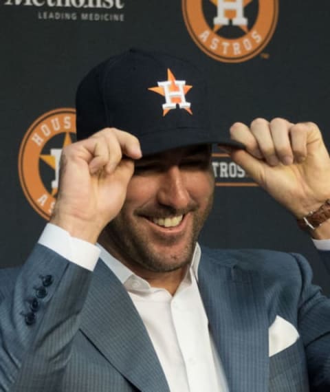 HOUSTON, TX – SEPTEMBER 03: Justin Verlander of the Houston Astros is officially introduced to the media during a press conference at Minute Maid Park on September 3, 2017 in Houston, Texas. Verlander was acquired in a trade with the Detroit Tigers. (Photo by Bob Levey/Getty Images)