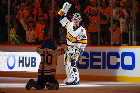 NASHVILLE, TENNESSEE – FEBRUARY 16: Pekka Rinne #35 of the Nashville Predators  (Photo by Frederick Breedon/Getty Images)