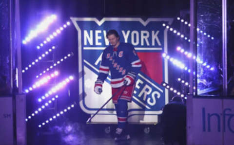 NEW YORK, NEW YORK – OCTOBER 11: Jacob Trouba #8 of the New York Rangers is introduced as the new captain of the New York Rangers prior to the game against the Tampa Bay Lightning at Madison Square Garden during the season-opening game on October 11, 2022, in New York City. (Photo by Bruce Bennett/Getty Images)