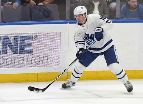 ST. LOUIS, MO – FEBRUARY 19: Maple Leafs leftwing Andreas Johnson (18) with the puck during an NHL game between the Toronto Maple Leafs and the St. Louis Blues on February 19, 2019, at Enterprise Center, St. Louis, MO. (Photo by Keith Gillett/Icon Sportswire via Getty Images)