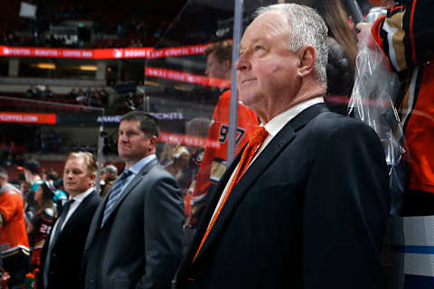 ANAHEIM, CA – DECEMBER 29: Head coach of the Anaheim Ducks, Randy Carlyle and assistant coaches Marty Wilford and Mark Morrison prepare for the game against the Arizona Coyotes on December 29, 2018 at Honda Center in Anaheim, California. (Photo by Debora Robinson/NHLI via Getty Images)