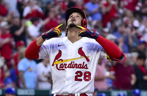 Apr 12, 2022; St. Louis, Missouri, USA; St. Louis Cardinals third baseman Nolan Arenado (28) reacts after hitting a two run home run against the Kansas City Royals during the first inning at Busch Stadium. Mandatory Credit: Jeff Curry-USA TODAY Sports