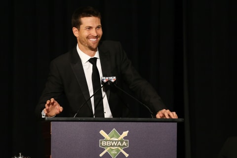 NEW YORK, NEW YORK – JANUARY 25: Jacob deGrom of the New York Mets speaks after receiving the 2109 National League Cy Young Award during the 97th annual New York Baseball Writers’ Dinner on January 25, 2020 Sheraton New York in New York City. (Photo by Mike Stobe/Getty Images)