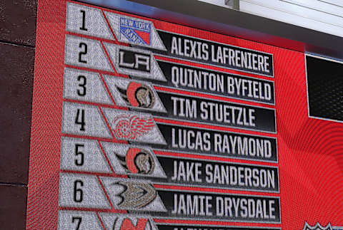 : A closeup view of the draft board during the 2020 National Hockey League (NHL) Draft (Photo by Mike Stobe/Getty Images)