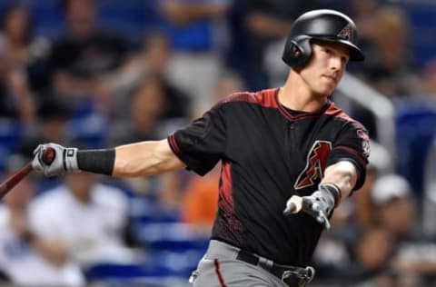 Jun 1, 2017; Miami, FL, USA; Arizona Diamondbacks third baseman Lamb (22) at bat against the Miami Marlins at Marlins Park. Mandatory Credit: Steve Mitchell-USA TODAY Sports