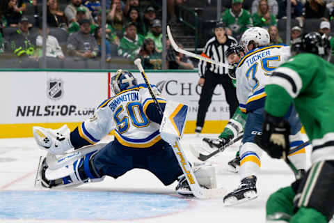 St. Louis Blues goaltender Jordan Binnington (50)Mandatory Credit: Jerome Miron-USA TODAY Sports