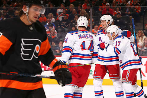 Jesper Fast #17 of the New York Rangers celebrates his goal