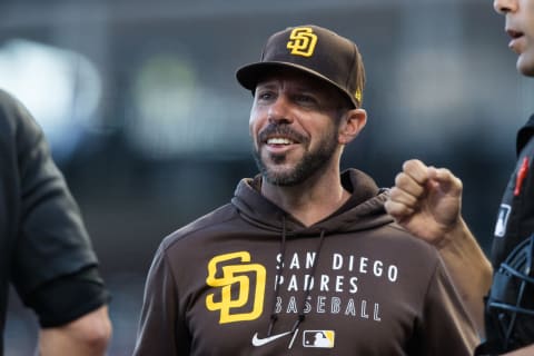 Sep 13, 2021; San Francisco, California, USA; San Diego Padres manager Jayce Tingler talks to the umpires before the game against the San Francisco Giants at Oracle Park. Mandatory Credit: John Hefti-USA TODAY Sports