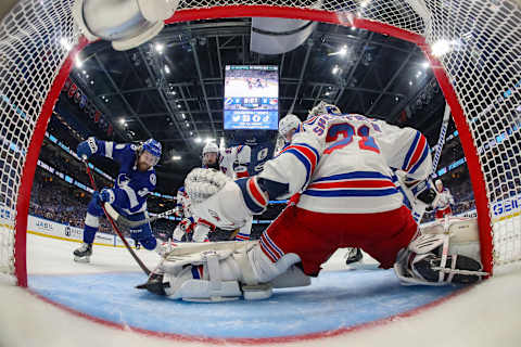 TAMPA, FLORIDA – JUNE 05: Igor Shesterkin #31 of the New York Rangers stops a shot against Brandon Hagel #38 of the Tampa Bay Lightning in Game Three of the Eastern Conference Final of the 2022 Stanley Cup Playoffs at Amalie Arena on June 05, 2022 in Tampa, Florida. (Photo by Bruce Bennett/Getty Images)