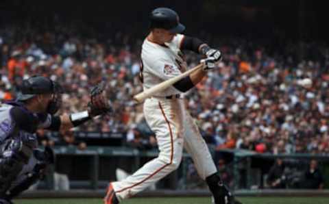 SAN FRANCISCO, CA – MAY 20: Buster Posey #28 of the San Francisco Giants at bat against the Colorado Rockies during the seventh inning at AT&T Park on May 20, 2018 in San Francisco, California. The San Francisco Giants defeated the Colorado Rockies 9-5. (Photo by Jason O. Watson/Getty Images) *** Local Caption *** Buster Posey