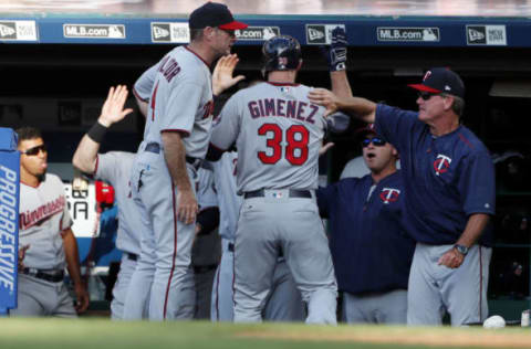 Jun 24, 2017; Cleveland, OH, USA; Minnesota Twins first baseman Chris Gimenez (38) is congratulated by his team after hitting a home run against the Cleveland Indians in the ninth inning at Progressive Field. Mandatory Credit: Brian Spurlock-USA TODAY Sports