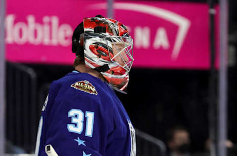 LAS VEGAS, NEVADA – FEBRUARY 05: Frederik Andersen #31 of the Carolina Hurricanes gets ready for the game between the Metropolitan Division and the Central Division during the 2022 Honda NHL All-Star Game at T-Mobile Arena on February 05, 2022, in Las Vegas, Nevada. (Photo by Ethan Miller/Getty Images)