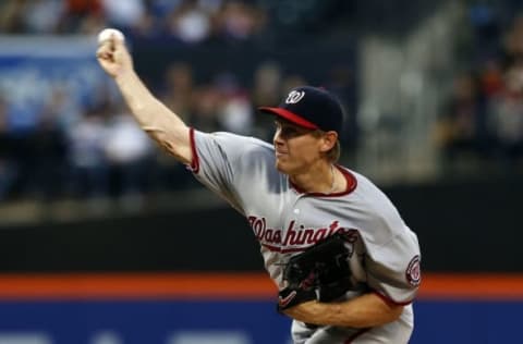 May 19, 2016; New York City, NY, USA; Washington Nationals starting pitcher Stephen Strasburg (37) delivers a pitch in the first inning against the New York Mets at Citi Field. Mandatory Credit: Noah K. Murray-USA TODAY Sports