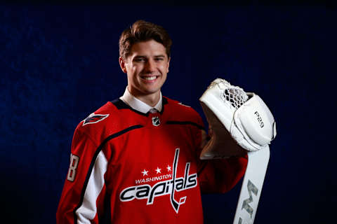 DALLAS, TX – JUNE 23: Mitchell Gibson poses for a portrait after being selected 124th overall by the Washington Capitals during the 2018 NHL Draft at American Airlines Center on June 23, 2018 in Dallas, Texas. (Photo by Jeff Vinnick/NHLI via Getty Images)