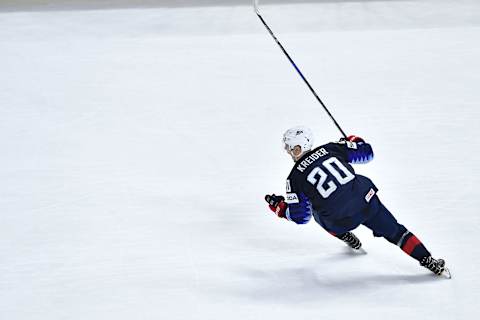 Chris Kreider of the United States celebrates during the bronze medal match USA vs Canada of the 2018 IIHF Ice Hockey World Championship at the Royal Arena in Copenhagen, Denmark, on May 20, 2018. – USA won the Bronze medal match 4-1. (Photo by JOE KLAMAR / AFP) (Photo credit should read JOE KLAMAR/AFP/Getty Images)