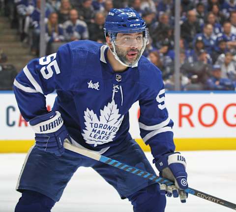 Mark Giordano #55 of the Toronto Maple Leafs . (Photo by Claus Andersen/Getty Images)