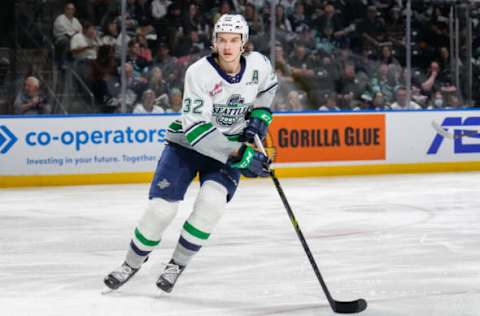 KENT, WASHINGTON – JUNE 07: Matthew Rempe #32 of the Seattle Thunderbirds block a passing lane against the Edmonton Oil Kings during the third period of Game 3 of the Western Hockey League Championship at accesso ShoWare Center on June 07, 2022, in Kent, Washington. (Photo by Christopher Mast/Getty Images)