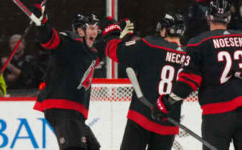 Jan 27, 2023; Raleigh, North Carolina, USA; Carolina Hurricanes center Martin Necas (88) celebrates his overtime goal with right wing Andrei Svechnikov (37) against the San Jose Sharks at PNC Arena. Mandatory Credit: James Guillory-USA TODAY Sports