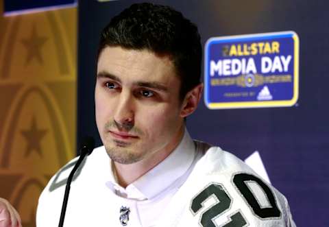 ST LOUIS, MISSOURI – JANUARY 23: Chris Kreider #20 of the New York Rangers speaks during the 2020 NHL All-Star media day at the Stifel Theater on January 23, 2020 in St Louis, Missouri. (Photo by Jeff Vinnick/NHLI via Getty Images)