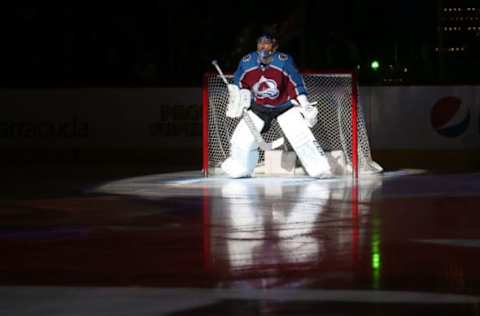 DENVER, CO – MARCH 24: Goaltender Semyon Varlamov #1 of the Colorado Avalanche is introduced prior to the game against the Vegas Golden Knights at the Pepsi Center on March 24, 2018 in Denver, Colorado. The Avalanche defeated the Golden Knights 2-1 in overtime. (Photo by Michael Martin/NHLI via Getty Images)