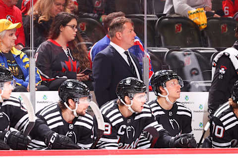 NEWARK, NJ – MARCH 06: New Jersey Devils assistant coach Mark Recchi on the bench during the game against the St. Louis Blues on March 6, 2022 at the Prudential Center in Newark, New Jersey. (Photo by Rich Graessle/Getty Images)