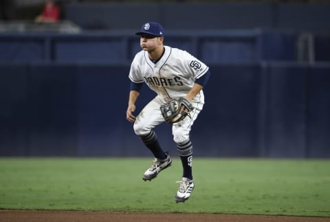 SAN DIEGO, CA – AUGUST 28: Luis Urias #9 of the San Diego Padres plays during a baseball game against the Seattle Mariners at PETCO Park on August 28, 2018 in San Diego, California. (Photo by Denis Poroy/Getty Images)