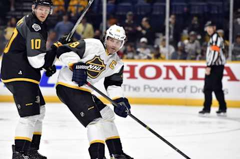 Jan 31, 2016; Nashville, TN, USA; Atlantic Division forward Jaromir Jagr (68) of the Florida Panthers works against Pacific Division forward 