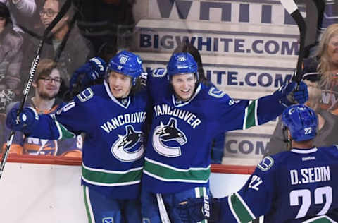 Mar 9, 2017; Vancouver, British Columbia, CAN; Vancouver Canucks defenseman Troy Stecher (51) celebrates his goal against New York Islanders goaltender Thomas Greiss (not pictured) during the third period at Rogers Arena. The New York Islanders won 4-3 in overtime. Mandatory Credit: Anne-Marie Sorvin-USA TODAY Sports