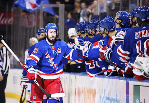 NEW YORK, NEW YORK – MARCH 03: Mika Zibanejad #93 of the New York Rangers celebrates his goal against the St. Louis Blues during their game at Madison Square Garden on March 03, 2020 in New York City. (Photo by Al Bello/Getty Images)