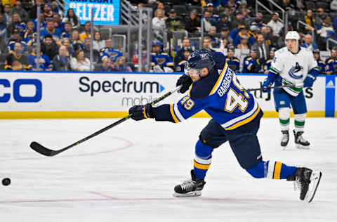 Feb 23, 2023; St. Louis, Missouri, USA; St. Louis Blues center Ivan Barbashev (49) shoots against the Vancouver Canucks during the second period at Enterprise Center. Mandatory Credit: Jeff Curry-USA TODAY Sports