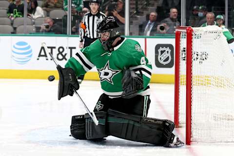 DALLAS, TEXAS – APRIL 14: Scott Wedgewood #41 of the Dallas Stars blocks a shot on goal against the Minnesota Wild in the second period at American Airlines Center on April 14, 2022 in Dallas, Texas. (Photo by Tom Pennington/Getty Images)