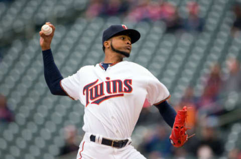 Apr 20, 2017; Minneapolis, MN, USA; Minnesota Twins starting pitcher Ervin Santana (54) pitches in the first inning against the Cleveland Indians at Target Field. Mandatory Credit: Brad Rempel-USA TODAY Sports