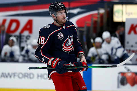 Columbus Blue Jackets, Pierre-Luc Dubois, #18, (Mandatory Credit: Aaron Doster-USA TODAY Sports)