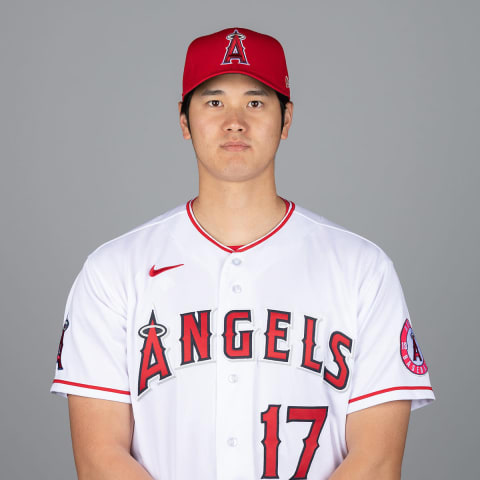 Mar 1, 2021; Tempe, AZ, USA; Los Angeles Angels Shohei Ohtani #17 poses during media day at Tempe Diablo Stadium. Mandatory Credit: MLB photos via USA TODAY Sports