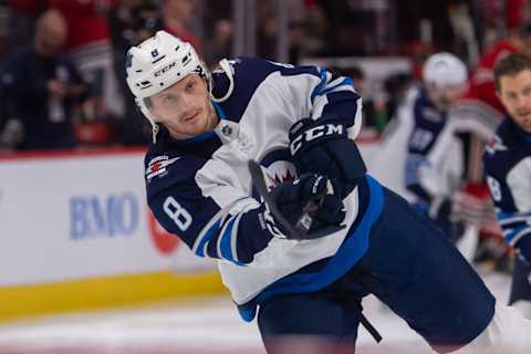 CHICAGO, IL – APRIL 01: Winnipeg Jets defenseman Jacob Trouba (8) warms up prior to a game against the Chicago Blackhawks on April 1, 2019, at the United Center in Chicago, IL. (Photo by Patrick Gorski/Icon Sportswire via Getty Images)