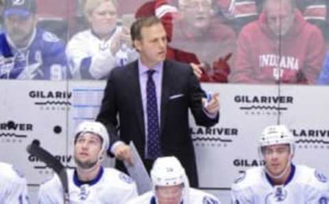 Mar 19, 2016; Glendale, AZ, USA; Tampa Bay Lightning head coach Jon Cooper looks on during the first period against the Arizona Coyotes at Gila River Arena. Mandatory Credit: Matt Kartozian-USA TODAY Sports