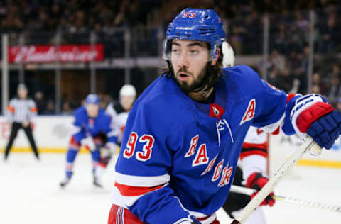 NEW YORK, NY – MARCH 09: New York Rangers Center Mika Zibanejad (93) in action during the National Hockey League game between the New Jersey Devils and the New York Rangers on March 9, 2019 at Madison Square Garden in New York, NY. (Photo by Joshua Sarner/Icon Sportswire via Getty Images)