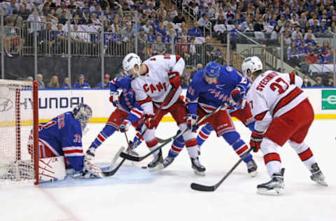 NEW YORK, NEW YORK – MAY 22: Jordan Staal #11 of the Carolina Hurricanes is stopped by Igor Shesterkin #31 of the New York Rangers in Game Three of the Second Round of the 2022 Stanley Cup Playoffs at Madison Square Garden on May 22, 2022, in New York City. (Photo by Bruce Bennett/Getty Images)