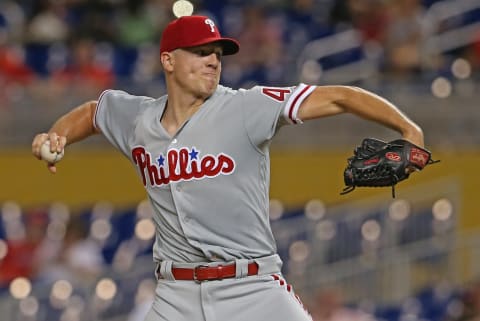 Philadelphia Phillies pitcher Nick Pivetta works during the second inning against the Miami Marlins at Marlins Park in Miami on Wednesday, Sept. 5, 2018. The Marlins won, 2-1. (David Santiago/Miami Herald/TNS via Getty Images)