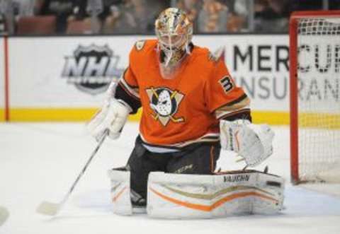 January 17, 2016; Anaheim, CA, USA; Anaheim Ducks goalie John Gibson (36) defends the goal against Los Angeles Kings during the first period at Honda Center. Mandatory Credit: Gary A. Vasquez-USA TODAY Sports