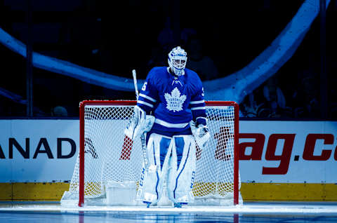 TORONTO, ON – APRIL 2: Curtis McElhinney #35 of the Toronto Maple Leafs stands in net during player introductions before playing the Buffalo Sabres at the Air Canada Centre on April 2, 2018 in Toronto, Ontario, Canada. (Photo by Mark Blinch/NHLI via Getty Images)