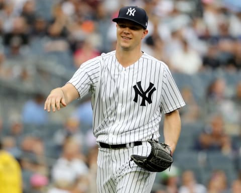 NEW YORK, NY – AUGUST 01: Sonny Gray #55 of the New York Yankees reacts to the booing fans as he is pulled from the game in the third inning against the Baltimore Orioles at Yankee Stadium on August 1, 2018 in the Bronx borough of New York City. (Photo by Elsa/Getty Images)